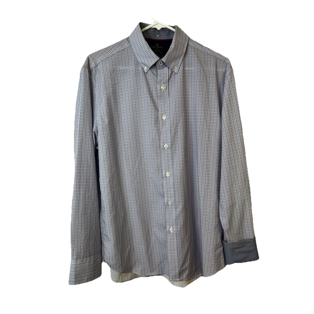 CON.STRUCT Men's Slim Fit 4-Way Stretch Performance Blue Plaid Shirt Medium